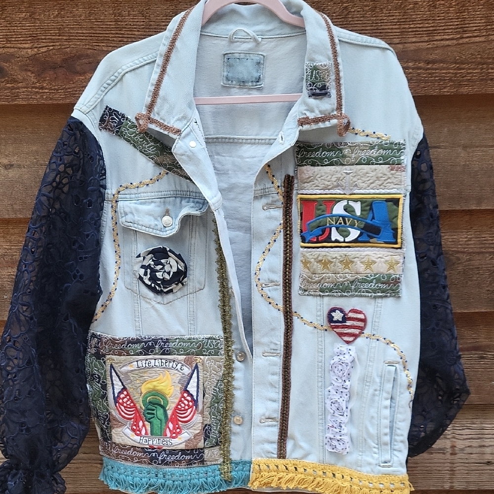 Embroidered Denim Jacket With Navy Lace Sleeves